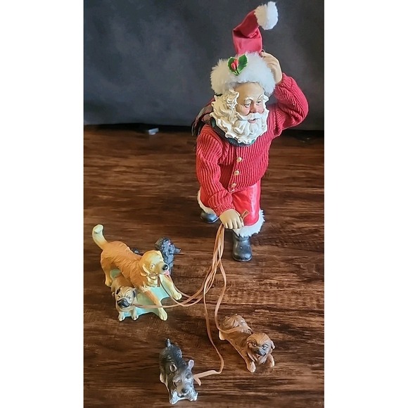 Adorable 11" Tall CLOTHTIQUE Like Santa Claus Walking 5 Dogs Figurine Resin Vtg - Picture 1 of 6